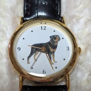 Gold-Tone Rottweiler Watch with Black Leather Strap